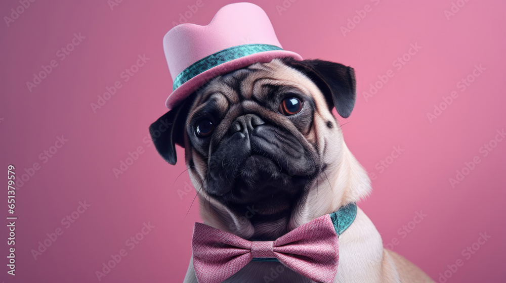 Fancy Pug,  advertising photography,   Pastel color palette background