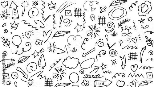 Hand drawn doodle design elements, black on white background. Swishes, swoops, emphasis, Arrow, crown, brush stroke. doodle sketch design elements