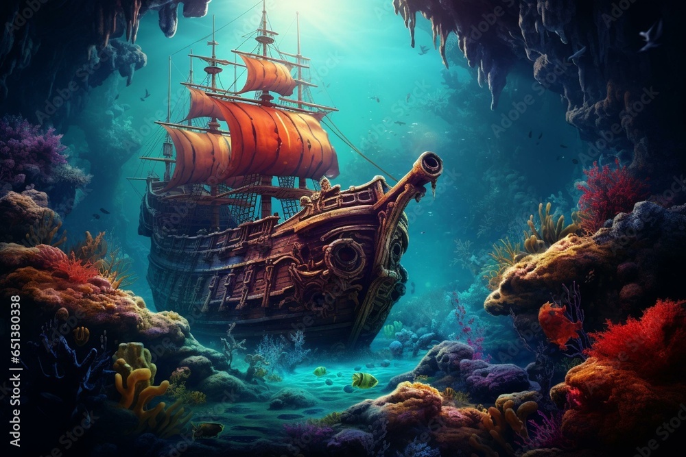 Fototapeta premium A picture of a pirate ship submerged underwater with vibrant corals and marine creatures. Generative AI