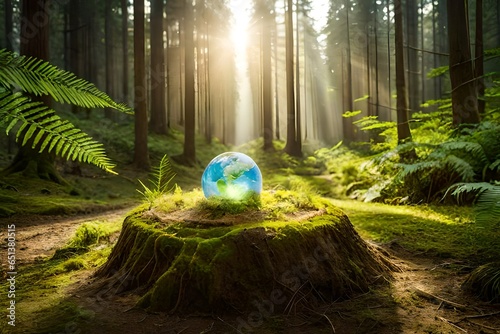 A globe on mud in a forest showing thanks to motherland Earth