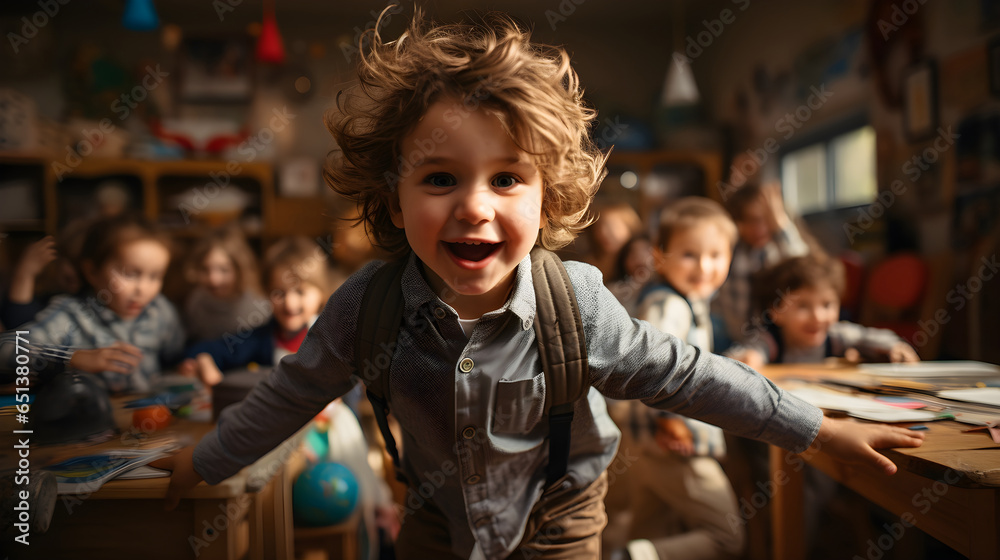 An energetic, happy kid with a backpack runs to the front of the classroom to participate - obrazy, fototapety, plakaty 