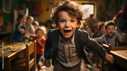 An energetic, excited young student runs to the front of a chaotic classroom.
