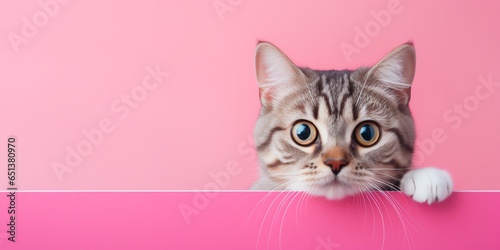 A cat looks at the camera with copy space in the background