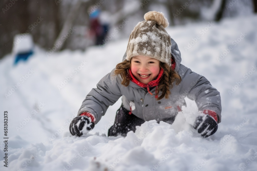 child playing in pile snow child playing in pile snow