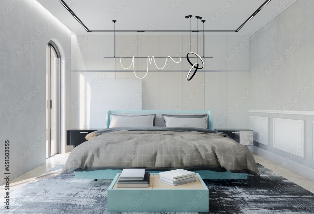 Modern Luxury Bedroom with powder blue Color. 3D Illustration Render - obrazy, fototapety, plakaty 