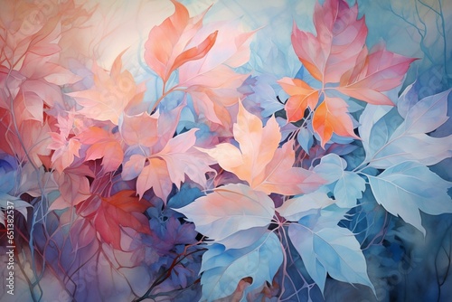 Delicate leaves in soft hues of blue  turquoise  pink  and peach. Serene  vibrant  captivating. Nature s beauty in a tranquil setting. Generative AI