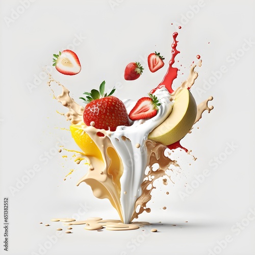 twist mix friut strawberry and banana and apple and strawberry yogurt on top juicy splash delicious detial white background white backdrop advertise design reallistic cinematic 4k cannon 5d leica  photo