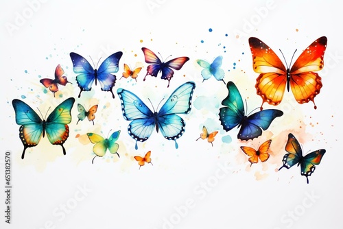 Group of colorful butterflies on white backdrop, watercolor art. Generative AI