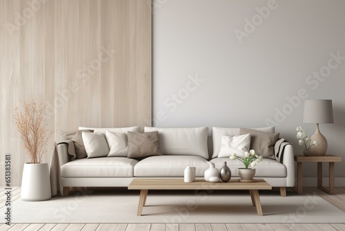 3D rendering of inviting neutral-colored living space with a mockup on a wall. Generative AI © Adair