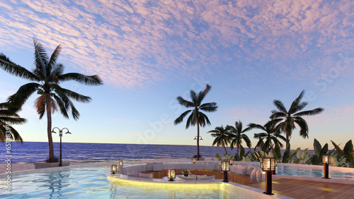 Teak wood tiles with pool and deck chairs. Park with trees and green grass with sea view. 3D rendering