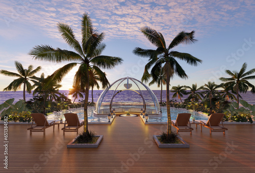 Teak wood tiles with pool and deck chairs. Park with trees and green grass with sea view. 3D rendering © AuzaStudio