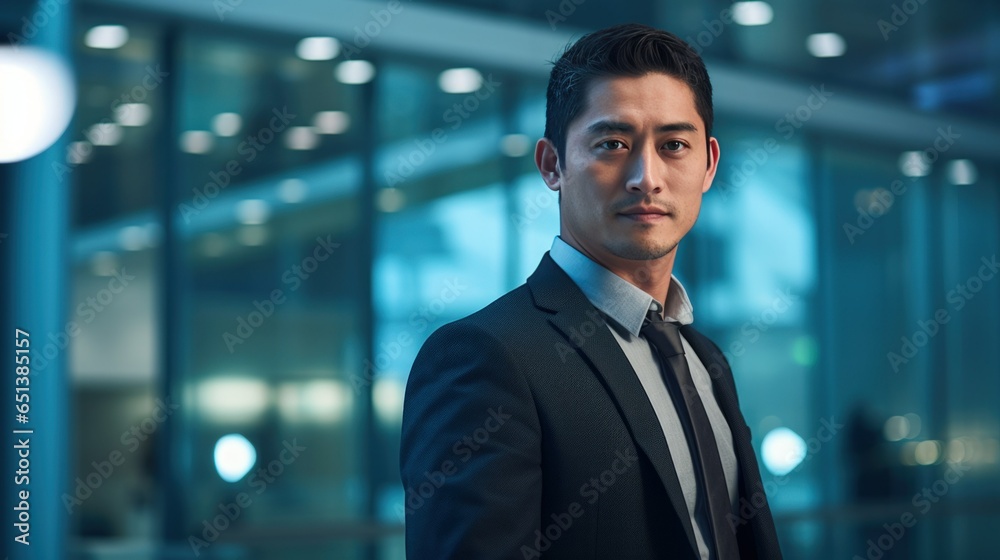 Fictional Confident and Successful Japanese Businessman Wearing a Suit. Blurry Work Environment Background. Office Illustration. Generative AI.