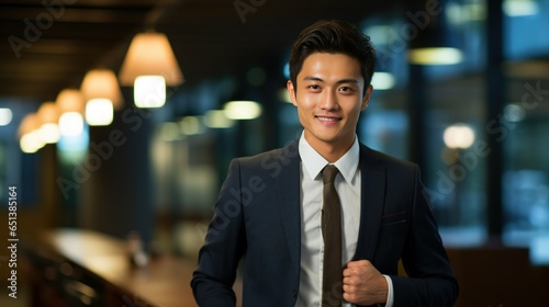 Fictional Confident and Successful Japanese Businessman Wearing a Suit. Blurry Work Environment Background. Office Illustration. Generative AI.