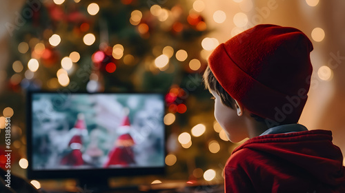 boy dressed as santa claus, using computer at christmas