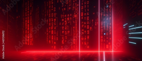 Abstract technological background with binary code and holographic elements illuminated by red lights from Generative AI