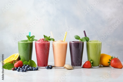 Various nutritious smoothies displayed in a corner-bordered banner on a marble backdrop. Flavors include blueberry, strawberry, green, and orange. Ample space for text. Generative AI