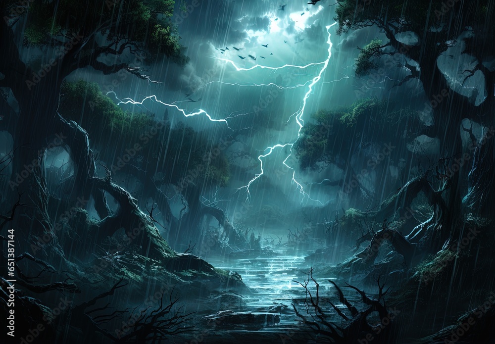 Landscape of a dark forest with river, trees and lightning. Generative AI