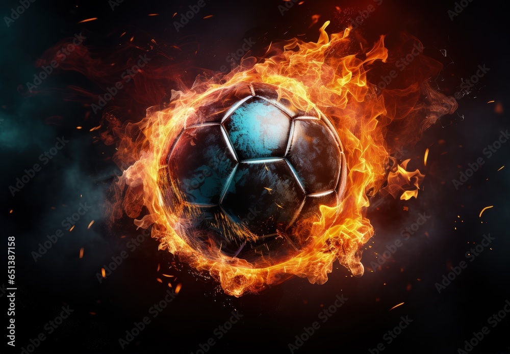 Fototapeta premium Soccer ball on fire, black background. Generative AI
