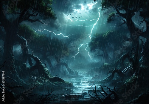 Landscape of a dark forest with river, trees and lightning. Generative AI