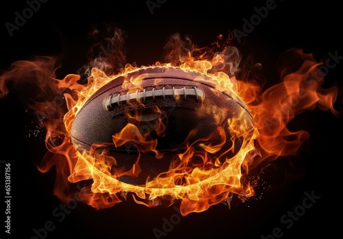 American football on fire, black background. Generative AI