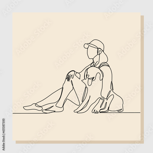 Continuous single one line drawing of happy young woman playing with dog pet. Vector illustration