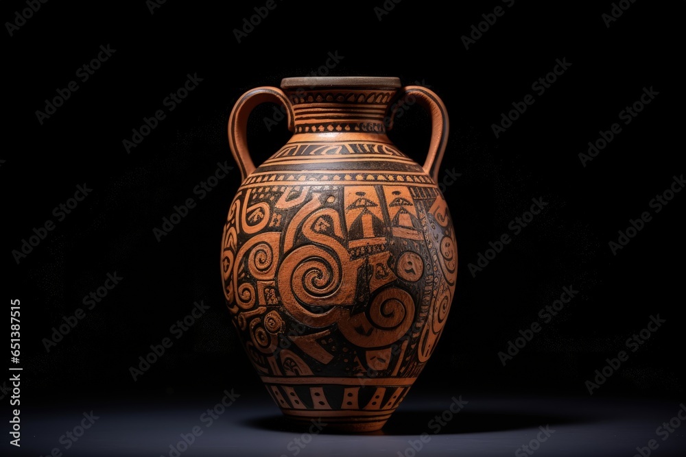 Decorative ceramic vase with geometric details, black background. Generative AI