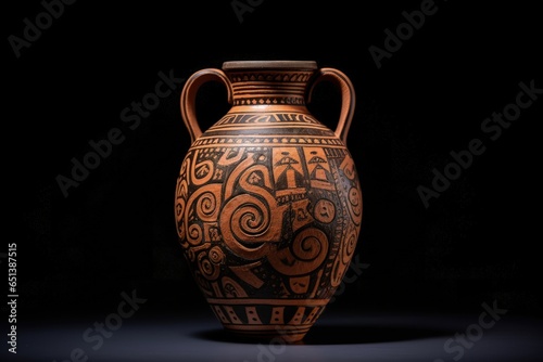 Decorative ceramic vase with geometric details, black background. Generative AI