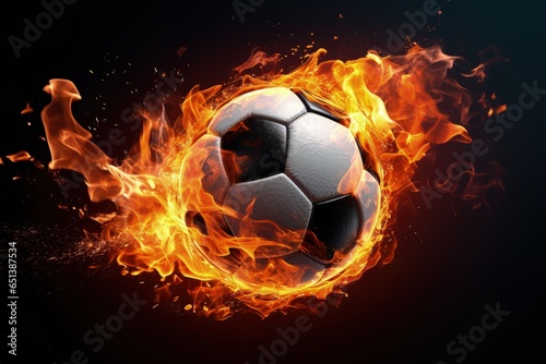 Soccer ball on fire, black background. Generative AI © Deivison