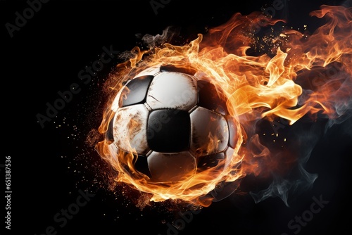 Soccer ball on fire, black background. Generative AI © Deivison