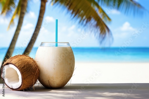 Landscape with coconut and glass with drink. Generative AI