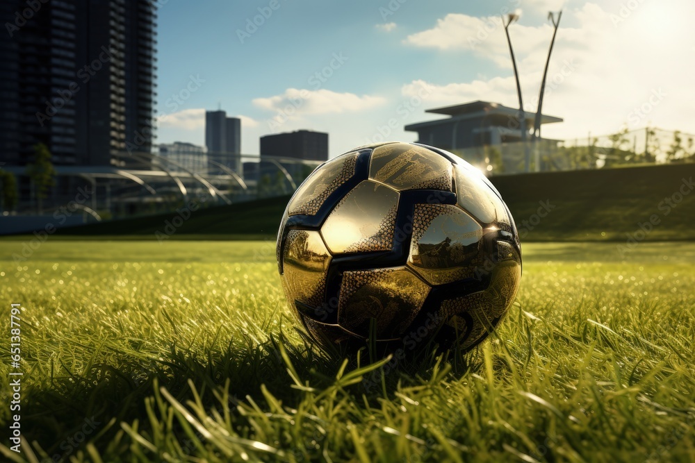 Golden soccer ball, on lawn, football stadium. Generative AI - obrazy, fototapety, plakaty 
