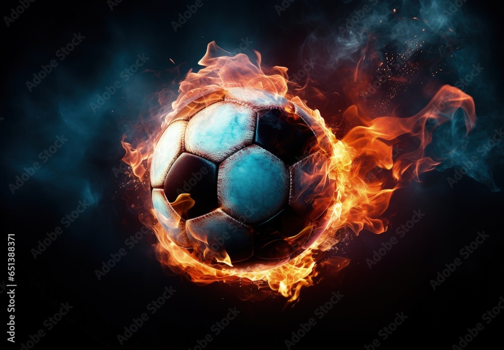Fototapeta premium Soccer ball on fire, black background. Generative AI