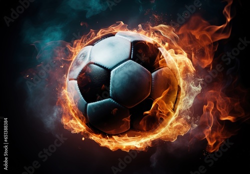 Soccer ball on fire  black background. Generative AI