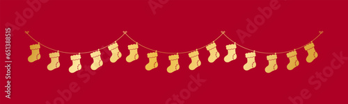Gold Christmas Stocking Silhouette Garland Vector Illustration, Christmas Socks Graphics Festive Winter Holiday Season Bunting