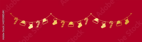 Gold Christmas Stocking and Candy Cane Garland Silhouette Vector Illustration, Christmas Graphics Festive Winter Holiday Season Bunting