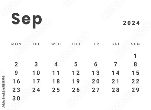 Template design of Monthly Calendar on september 2024. Vector layout minimal calendar with week start Monday.