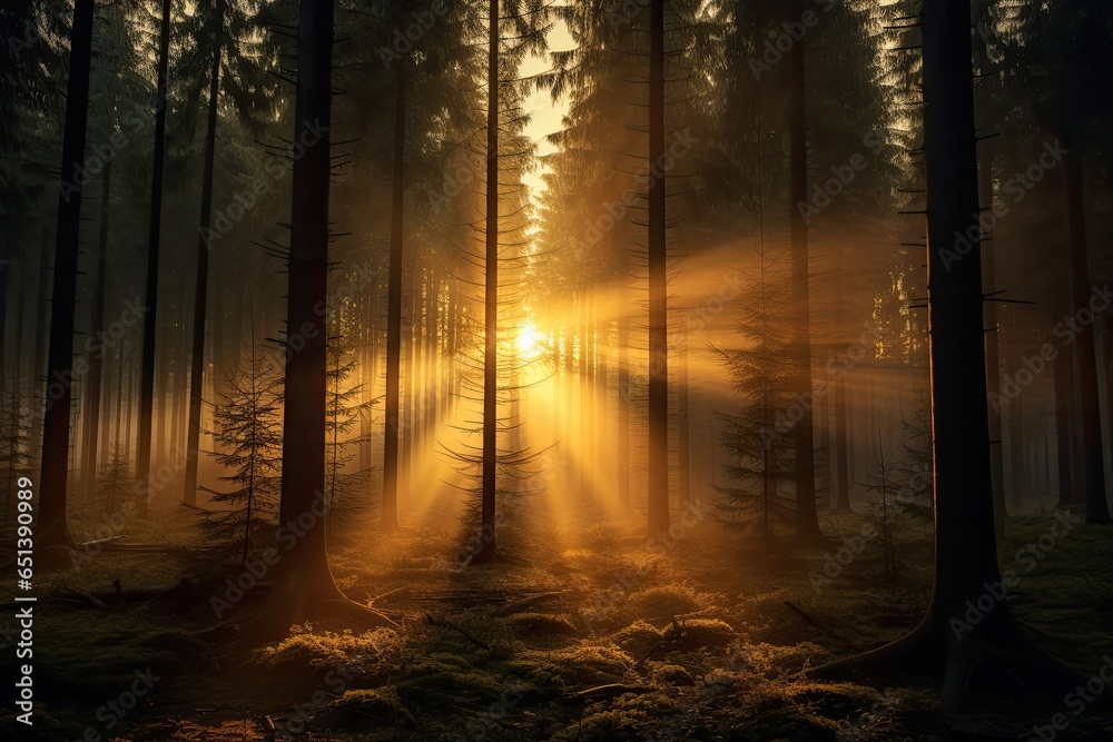 Naklejka premium Magical sunset in the forest with the sun's rays penetrating through the trees