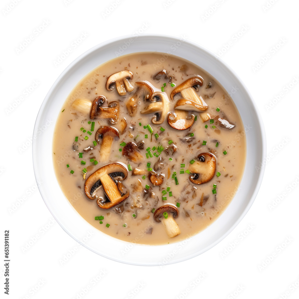 Delicious cream Bowl of mushroom soup isolated on transparent background Remove png, Clipping Path
