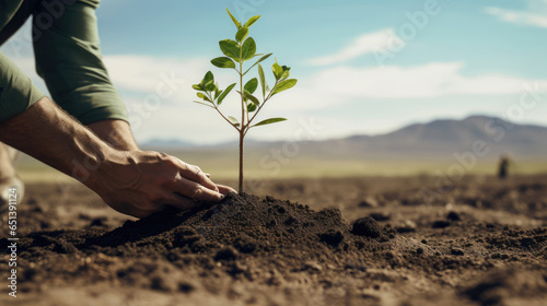 A person planting a tree in a barren landscape,  symbolizing reforestation and ecological restoration photo