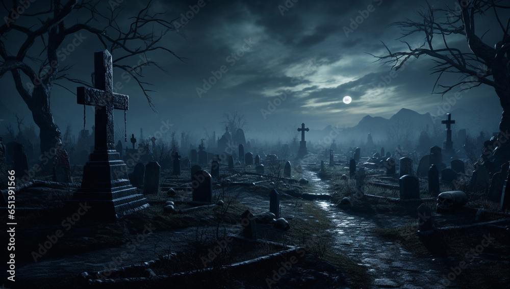 Dark fear sky cemetery grave dead night halloween tomb cross death horror background - obrazy, fototapety, plakaty 