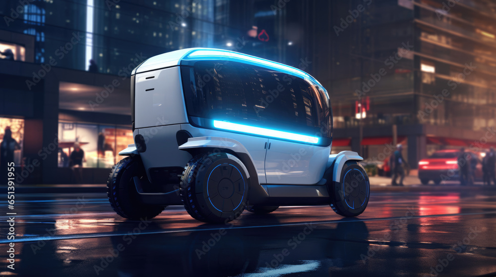 An autonomous electric delivery vehicle transporting goods in a city,  minimizing emissions
