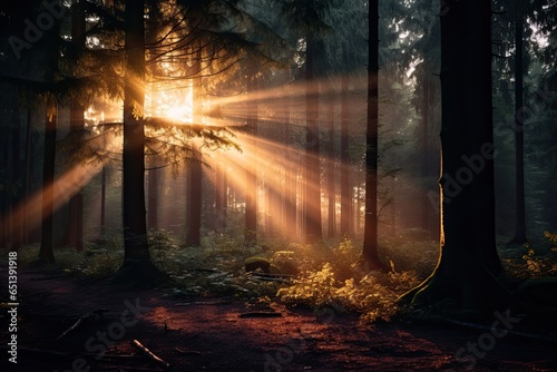 Magical sunset in the forest with the sun s rays penetrating through the trees