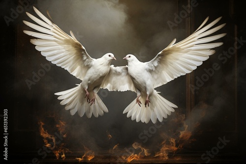 Two flying doves with wings spread, gazing at each other. Generative AI