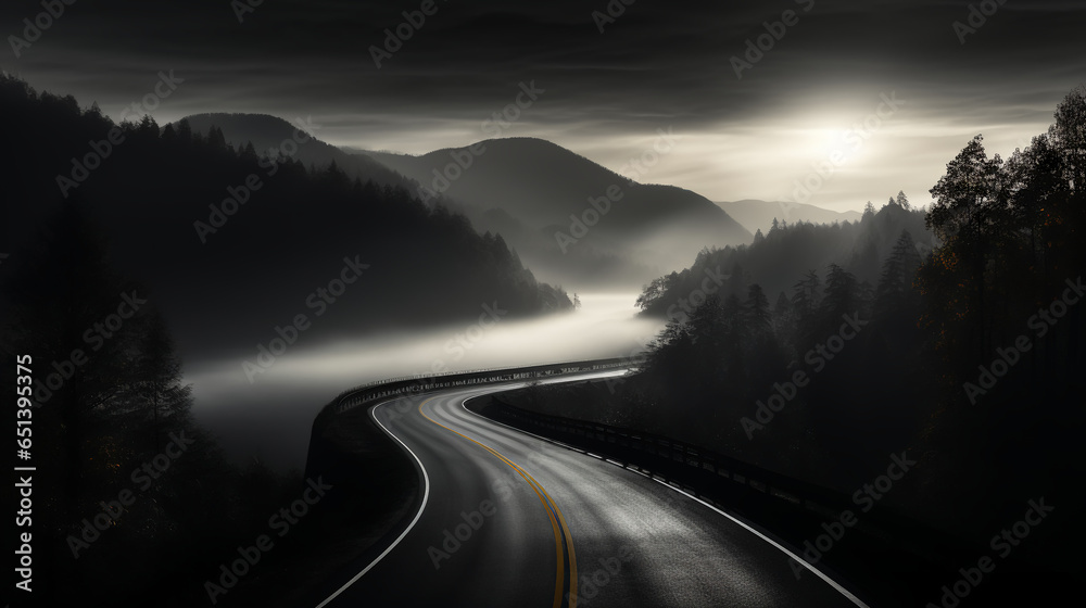 Mountain highway - black and white - fog - clouds - surreal- ethereal fantasy - abstract art
