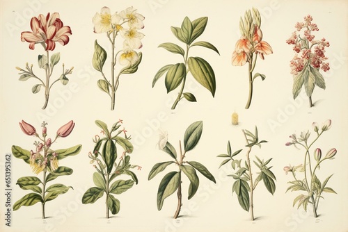 Antique botanical artwork with floral motifs and distressed aesthetic, ideal for wall decor or printing. Generative AI