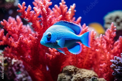 Blue damselfish swimming in coral reef artwork. Generative AI