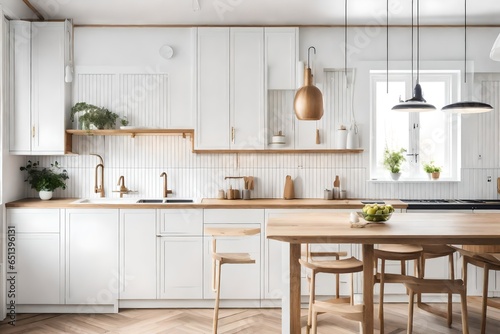 Scandinavian classic kitchen with wood and white accents, minimalist interior design