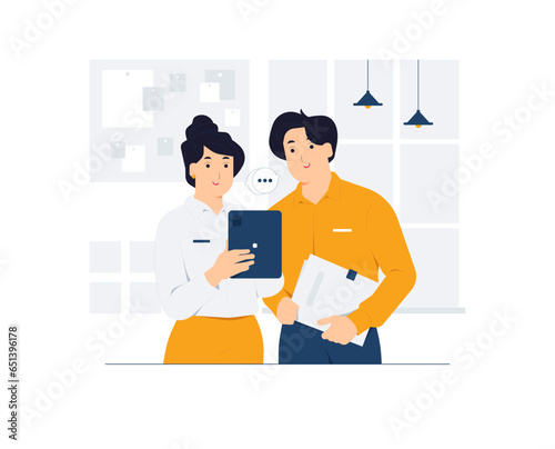 Office talk, communicating, conversation, business meeting. Two professional businessman and businesswoman having discussion brainstorming for idea concept illustration