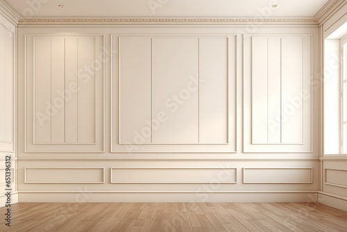 Modern, neutral, well-lit room with paneling and trim. Empty and bright. 3D rendered design concept. Generative AI