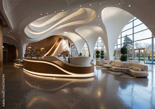 Wallpaper Mural Generative AI. modern and futuristic hotel lobby space. sleek front desk with a white counter parametric design Torontodigital.ca